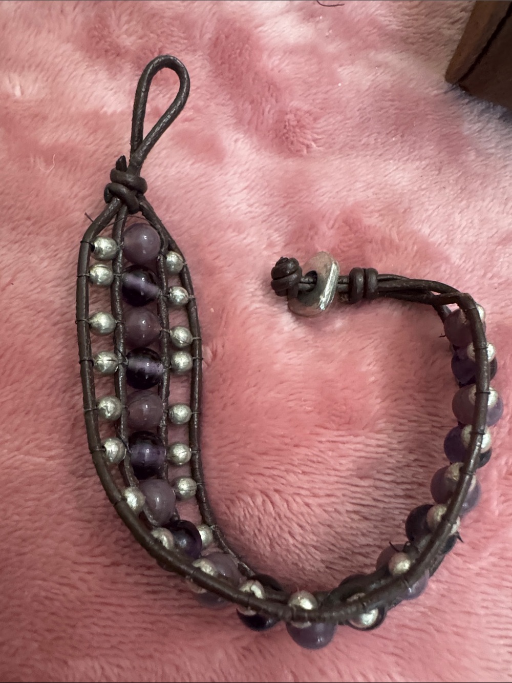 Handmade Purple Beaded Leather Bracelet